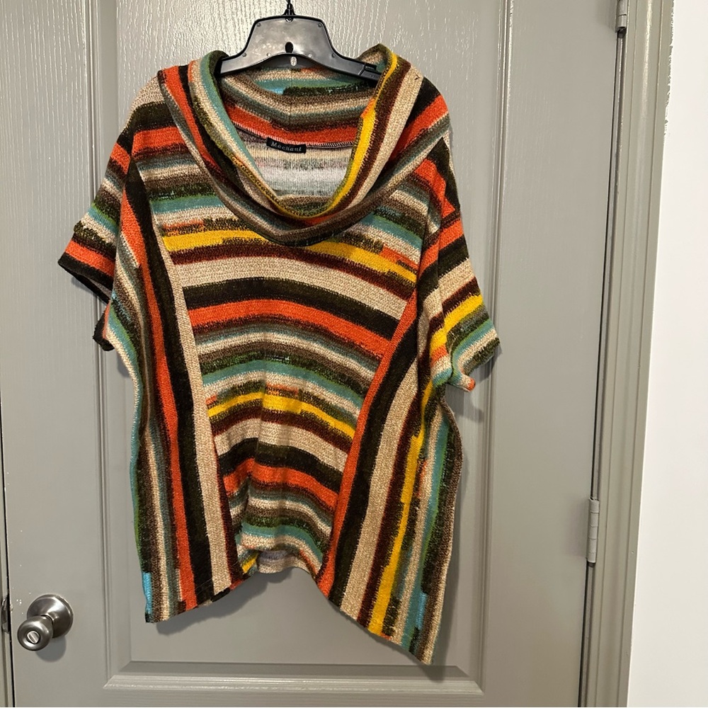Multicolor Striped Poncho Style Tee Sweater Boho Indie Cowl Neck Cozy Wool Fall